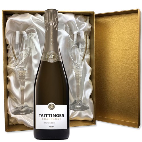 Taittinger Brut Vintage 2016 Champagne 75cl in Gold Presentation Set With Flutes